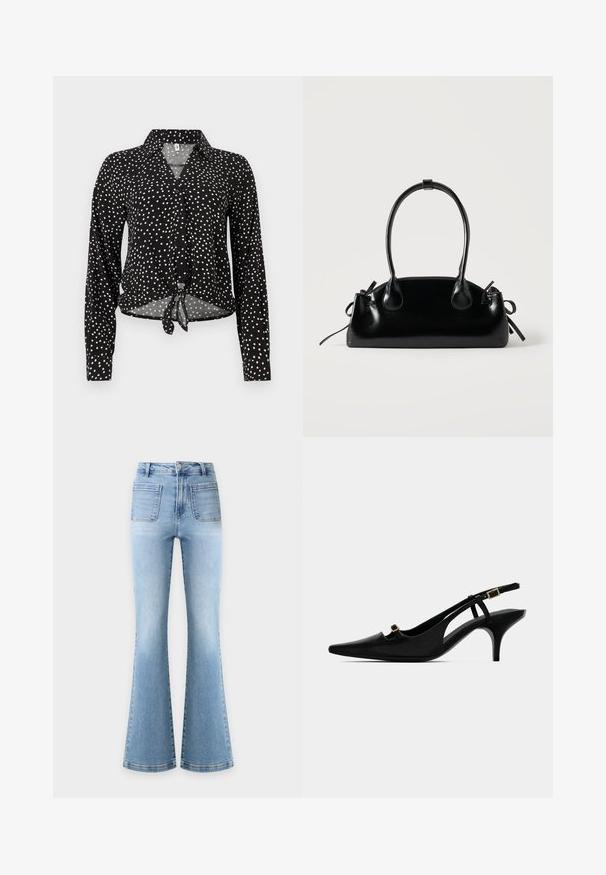 Chemise noire à manches longues avec boutons, motifs à pois blancs, col et lien à nouer à l'ourlet avant.; Jean en denim bleu clair taille haute avec jambes larges évasées et deux grandes poches plaquées avant sur un fond neutre.; Pompe slingback noire à bout pointu avec un talon courbé bas et une petite boucle dorée sur la sangle avant et la sangle de la cheville.; Petit sac à main noir brillant avec deux longues anses et des détails à cordon sur les côtés sur un fond clair uni.