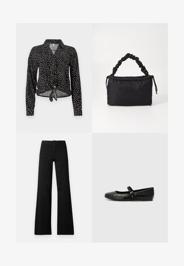 Schwarzes langärmeliges Hemd mit weißen Punkten, Kragen und Frontknoten am Saum.; Schwarze hoch taillierte Hose mit weitem Bein, vorne mit Knopf- und Reißverschluss, Gürtelschlaufen und Vordertaschen auf weißem Hintergrund.; Schwarze Leder-Ballerinas mit einer runden Spitze, einer flachen Sohle und einem dünnen, verstellbaren Riemen über dem Spann mit einer Metallschnalle.; Schwarze Tasche aus weichem, glattem Stoff. Verfügt über einen gerafften Griff und einen Kordelzugverschluss, hat eine rechteckige Form und keine sichtbaren Beschläge.