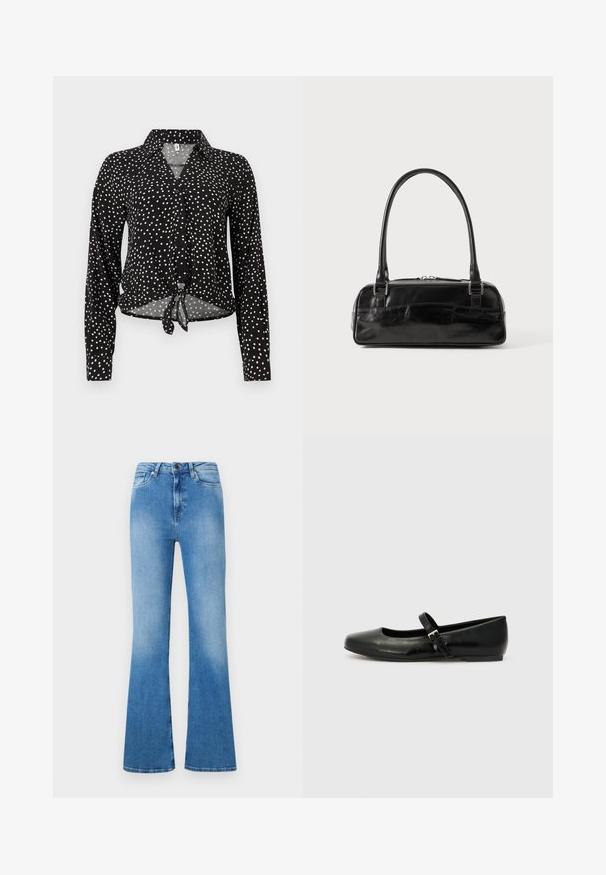 Schwarzes langärmeliges Hemd mit weißen Punkten, Kragen und Frontknoten am Saum.; Hellblaue Schlagjeans aus Denim. Mit klassischem Fünf-Taschen-Design, Knopfverschluss und einem ausgebleichten Finish an der Unterseite.; Schwarze Leder-Ballerinas mit einer runden Spitze, einer flachen Sohle und einem dünnen, verstellbaren Riemen über dem Spann mit einer Metallschnalle.; Schwarze Lederhandtasche in rechteckiger Form, mit einem stabilen Griff, silbernem Zubehör und Reißverschluss. Glatte Textur.