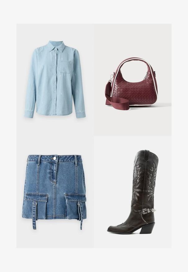 Lichtblauwe denimbloes met lange mouwen, knoopsluiting aan de voorkant en een borstzak. Heeft witte bloemenborduursel over de stof verspreid.; Lichtblauwe denim minirok met een hoge taille, voorste knoopsluiting en twee voorzakken met verstelbare bandjes.; Zwarte leren cowboylaars met decoratieve uitsnijdingen, zilveren gesp en schuine hak, weergegeven op een witte achtergrond.; Donkerrode geweven leren handtas met gebogen handvat, witte bies, zilveren rits en afneembare brede stoffen schouderriem tegen een effen achtergrond.