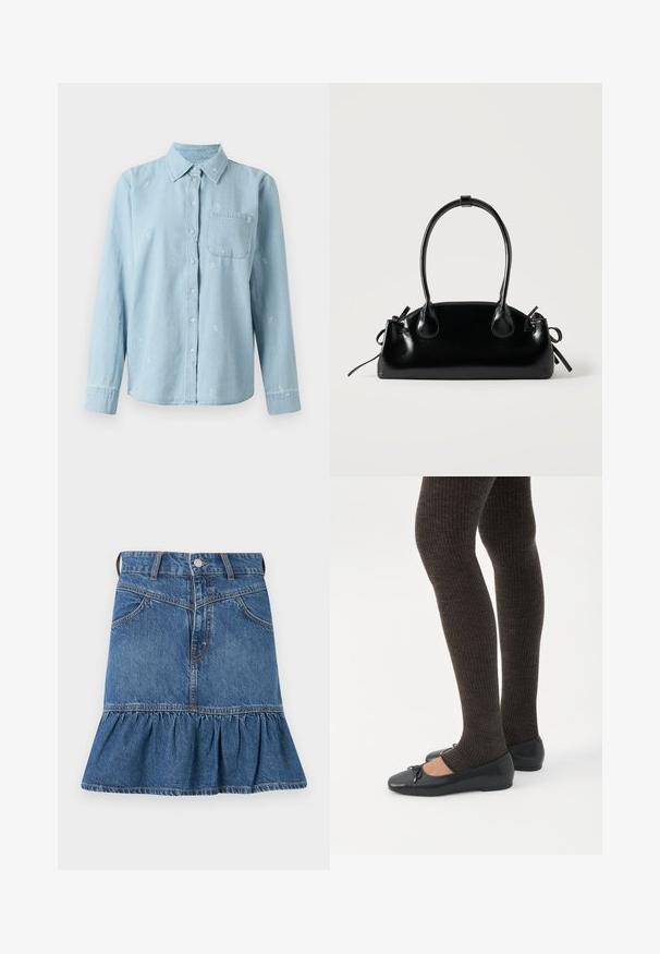 Chemise en jean bleu clair à manches longues, avec un bouton à l'avant et une poche sur la poitrine. Présente une broderie florale blanche sur le tissu.; Jupe en denim, bleue, avec une taille cintrée, cinq poches et un ourlet volanté évasé en bas. Comprend un bouton en métal et une fermeture éclair.; Jambes portant des leggings côtelés foncés associés à des ballerines noires avec de petits détails en nœud sur fond blanc.; Petit sac à main noir brillant avec deux longues anses et des détails à cordon sur les côtés sur un fond clair uni.