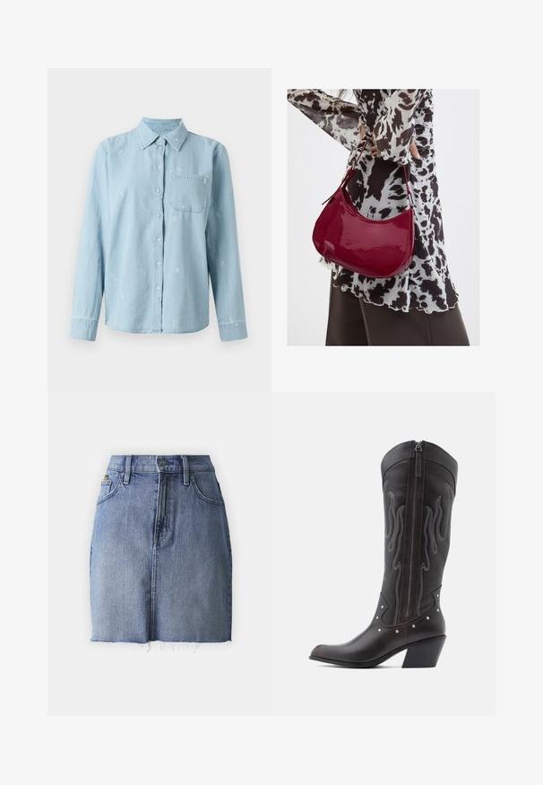 Lys blå denimskjorte med lange ærmer, knaplukning foran og brystlomme. Fint hvidt blomstermotiv broderet over stoffet.; Denim mini skirt i falmet blå med en frynset kant, fem-lomme design og traditionel knaplukning. Cotton stof med let tekstur.; Brune læder cowboystøvler med flammebroderi, sidelukning med lynlås, sølvnitter, spids snude og lagdelt hæl.; Kvinde iført en sort- og hvidmønstret bluse, der holder en blank rød skuldertaske mod en ensfarvet baggrund.