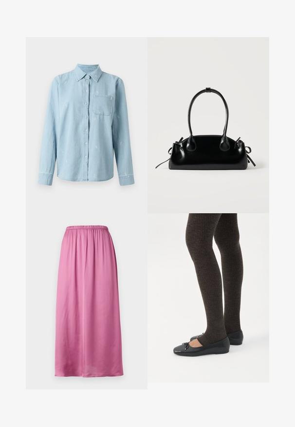 Lys blå denimskjorte med lange ærmer, knaplukning foran og brystlomme. Fint hvidt blomstermotiv broderet over stoffet.; Lang pink nederdel lavet af glat stof, med elastisk talje og et flydende design. Ingen synlige mønstre eller hardware detaljer.; Ben iført mørke ribbede leggings kombineret med sorte balletsko med små sløjfedetaljer på hvid baggrund.; Lille sort blank håndtaske med to lange håndtag og snøre-detaljer i siden på en ensfarvet lys baggrund.