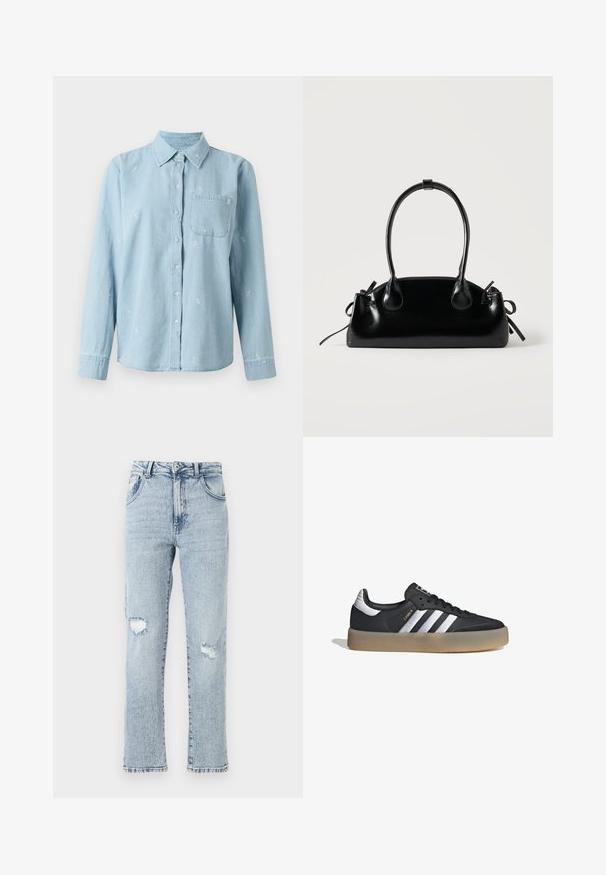 Lys blå denimskjorte med lange ærmer, knaplukning foran og brystlomme. Fint hvidt blomstermotiv broderet over stoffet.; Lysblå denimjeans med en afslappet pasform, der har to knærevner, fem lommer og en frynset kant. Knap- og lynlåslukning.; Sort læder atletiksko med tre sølvstriber, en struktureret tå og en gummisål. Har en polstret krave og snørebåndsdesign.; Lille sort blank håndtaske med to lange håndtag og snøre-detaljer i siden på en ensfarvet lys baggrund.