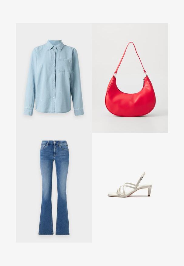 Lys blå denimskjorte med lange ærmer, knaplukning foran og brystlomme. Fint hvidt blomstermotiv broderet over stoffet.; Blå denim højtaljede jeans med forlommer, knap- og lynlåslukning samt flagrende ben.; Zign by Zalando Pumps - off white; Rød syntetisk læder skuldertaske med en buet form, slank rem og lynlås lukning. Glat tekstur med synlige syninger.