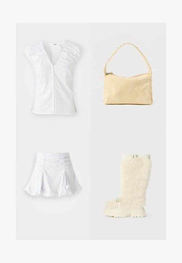 Haut blanc à manches courtes avec un décolleté en V profond, des détails froncés aux épaules et une couture centrale. Fabriqué en tissu lisse avec une silhouette ajustée.; Jupe blanche en tissu texturé avec des détails froncés et un ourlet volanté. Présente un design évasé avec une taille ajustée.; Bottes en fausse fourrure crème hauteur genou avec une semelle en caoutchouc blanche chunky, présentant une sangle à boucle et un design plat et texturé.; Petit sac à main en cuir beige avec une seule bandoulière et des clous argentés le long des bords et de la bandoulière, posé sur un fond uni.