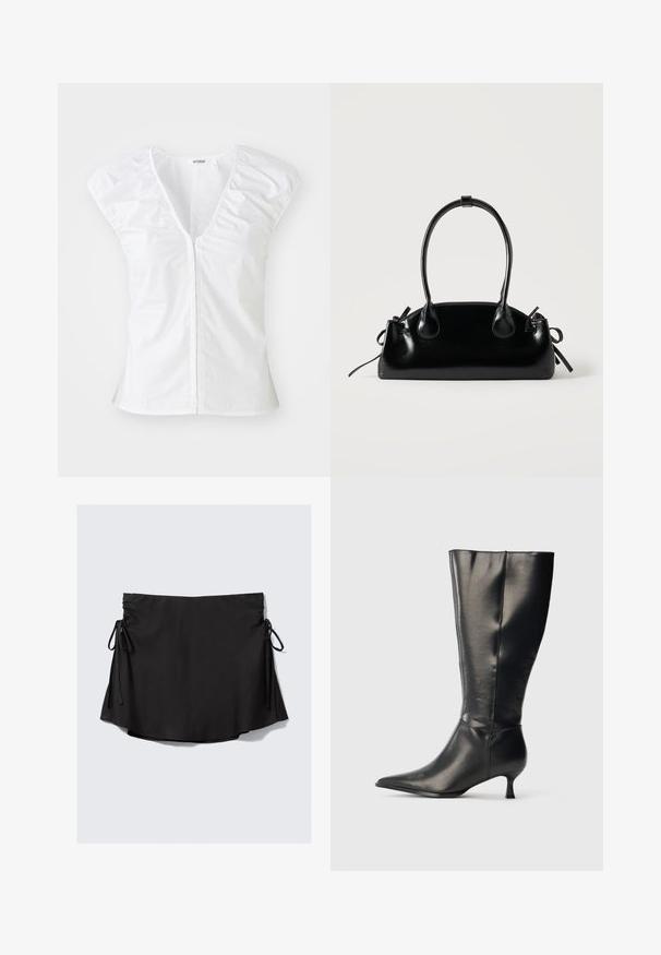 Haut blanc à manches courtes avec un décolleté en V profond, des détails froncés aux épaules et une couture centrale. Fabriqué en tissu lisse avec une silhouette ajustée.; Jupe en tissu noir à la texture douce, dotée de liens ajustables de chaque côté et d'un ourlet incurvé. Design simple et moderne.; Botte en cuir noire montant jusqu'au genou, avec un bout pointu et un petit talon bas, présentée sur un fond clair uni.; Petit sac à main noir brillant avec deux longues anses et des détails à cordon sur les côtés sur un fond clair uni.