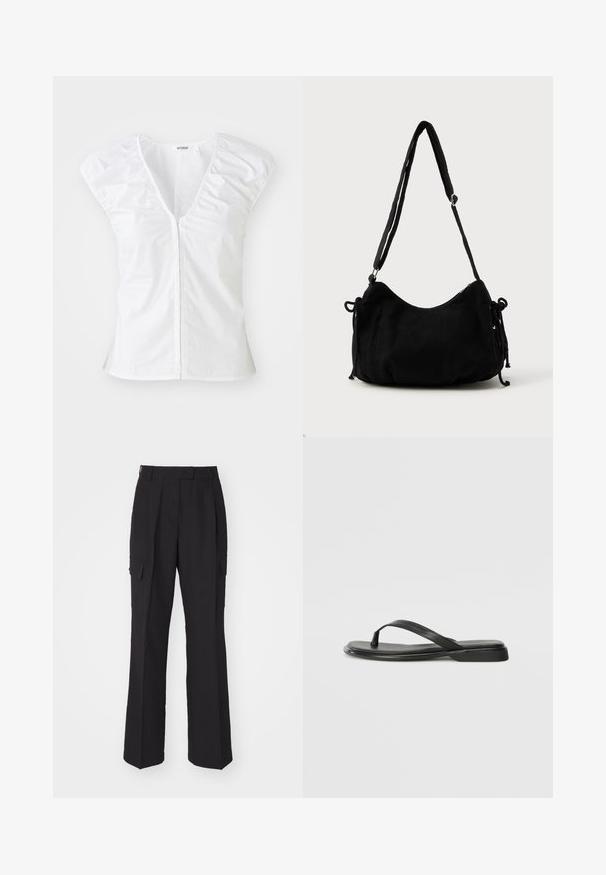 Top blanco de manga corta con un escote en V profundo, detalles de hombros fruncidos y costura central. Hecho de una tela suave con una silueta ajustada.; Pantalones cargo negros con un diseño de pierna recta, fabricados en un material suave. Presenta dos bolsillos laterales y una cinturilla limpia.; Chancla negra de piel suave, con un diseño de tira delgada y una suela plana de perfil mínimo. Sin patrones ni acentos notables.; Bolso de hombro de pana negra con forma curva, correa ajustable y cierres de cordón en ambos lados para ajustar el tamaño.