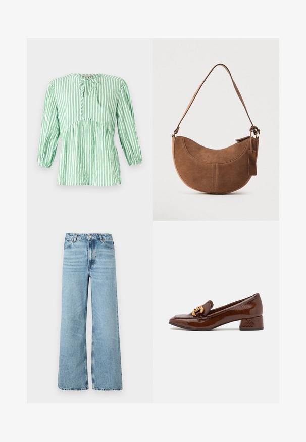 Groene en witte gestreepte blouse, lichte stof, ronde halslijn met strikdetail, lange mouwen met elastische manchetten, gerimpeld bij de taille.; Lichtblauwe wijdlopende jeans van denim, met een hoge taille, vijf-pocket ontwerp en contrasterende stiksels langs de naden.; Bruine leren loafers met een glanzende afwerking, met een decoratieve gouden gesp aan de voorkant en een lage blokhak. Klassiek ontwerp.; Bruine suède handtas met een gebogen, halve maanvorm. Voorzien van een schouderriem, een klein label en zichtbare stiksels langs de randen.