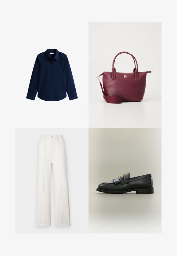 Chemise bleu marine à manches longues avec boutons, col et petit logo brodé sur la poitrine gauche.; Pantalon large en denim blanc à taille haute, avec des coutures verticales et une fermeture à bouton à l'avant. Texturé lisse avec un design épuré.; Mocassin en cuir noir avec détail de franges et emblème doré sur un fond neutre, vu de profil.; Sac à main en simili cuir bordeaux avec deux poignées courtes et une bandoulière amovible. Présente des éléments en métal doré et un accent logo sur le devant.