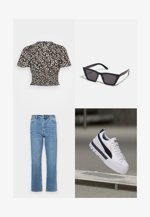 Sort blomsterbluse med korte puffærmer, der har blå, pink og hvide blomster, samlet talje og et subtilt struktureret stof.; Lyseblå denimjeans med lige ben, fem lomme-design, frontknaplukning og subtil falmning på stoffet.; Hvid Puma platform-sneaker med sort stribe og gyldent logo, svævende over en betonbænk i udendørs omgivelser.; Sorte, kantede solbriller med grå linser; lavet af plast, med tykke stænger med en glat overflade og ingen synlig hardware.