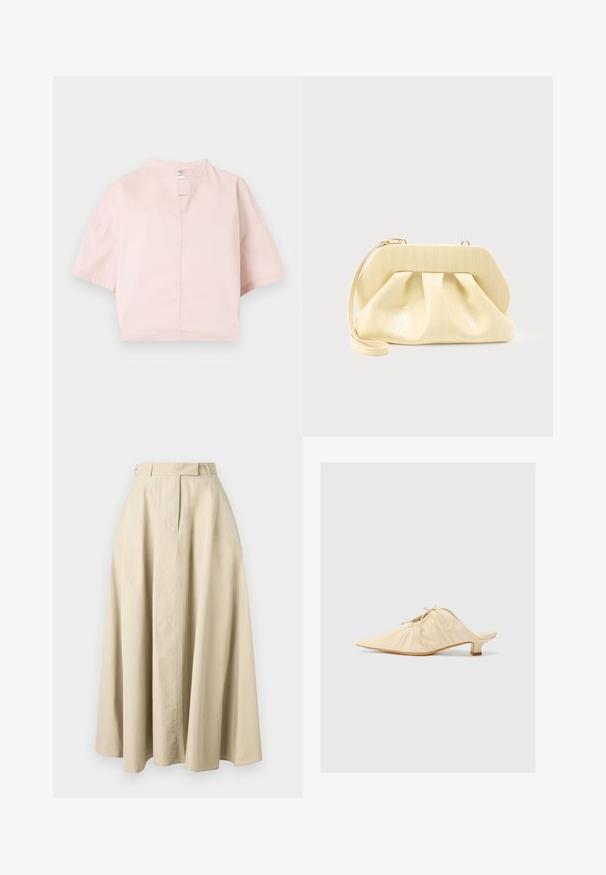 Lichtroze blouse met korte mouwen, een hoge halslijn en een voorste split, weergegeven op een effen witte achtergrond.; Beige A-lijn midi rok met een hoge taille, verborgen voorzijde sluiting en subtiele stiksel details, weergegeven op een effen achtergrond.; Crème-kleurige leren instap schoenen met een spitse neus, geplooide details aan de voorkant en een korte blokhak.; Crème-kleurige leren clutch met een gestructureerd bovenframe en polsbandje, weergegeven tegen een effen lichte achtergrond.