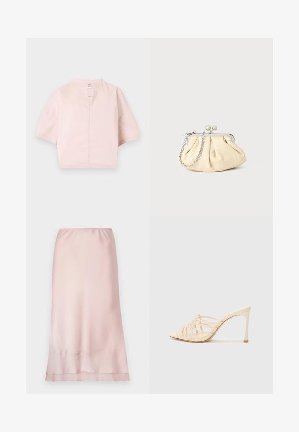 Blouse rose clair à manches courtes avec un col montant et une fente frontale, présentée sur un fond blanc uni.; Jupe midi en satin rose clair avec taille élastique et détail de ourlet superposé, présentée sur un fond blanc uni.; Mules à talons hauts beiges avec un design à lanières. Présentent un bout carré, une texture lisse et un talon élancé avec un accent doré à la base.; Pochette en cuir beige plissé avec un cadre en métal argenté, dotée de deux fermoirs ronds décoratifs et d'une chaîne en argent.