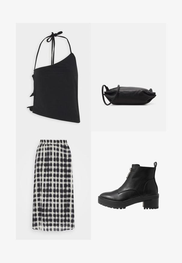 Musier NAMI - Top - black; Kaffe LABBI PLEATED SKIRT - Skladaná sukňa - black/broken white; Čierna kožená členková topánka so bočným zipsom, masívnym čiernym podpätkom a textúrovanou podrážkou pre lepšiu trakciu. Hladký povrch s minimálnymi akcentmi.; Čierna kožená kabelka s obdĺžnikovým tvarom, hladkým povrchom, tenkým popruhom na plece a minimalistickým dizajnom.