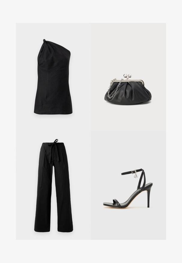 Zwarte asymmetrische top met een schoudersilhouet, een gladde textuur en een gedraaide knoopdetail bij de halslijn. Getailleerde pasvorm met zijnaden.; Zwarte wijde broek met een hoge elastische tailleband, voorzien van een strikgordel en een gladde textuur. Tailored ontwerp met scherpe plooien.; Zwarte sandaal met hoge hak, smalle enkelband, vierkante neus, soepel leermateriaal en metalen gespsluiting.; Zwarte leren clutch met geplooide textuur, zilverkleurig metalen frame, drukknopsluiting en kettingriem. Glad, zacht oppervlak.