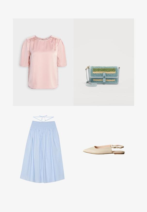 ONLY ONLESTA - Blusa - rose smoke; Falda de algodón azul claro con cintura fruncida, silueta fluida, amplios pliegues y finas tiras ajustables en la parte posterior.; Zapato plano beige con diseño minimalista, puntera puntiaguda, material liso y tira trasera ajustable con suela plana.; Bolso bandolera azul claro con rayas tejidas en verde, beige y azul, un cierre frontal y una anilla metálica de tono dorado para la correa.