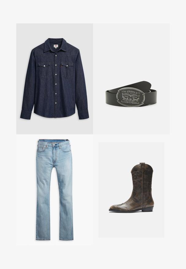 Donkerblauw denimhemd met een puntige kraag, drukknoopsluiting en borstzakken. Heeft stikseldetail en lange mouwen.; Lichtblauwe denim jeans, rechte pijpen, met vijf zakken, contrasterende stiksels en een knoopsluiting bij de tailleband.; Bruine leren cowboylaars met een hoge schacht, spitse neus, ingewikkelde stikpatronen en een kleine hak. Gevarieerde afwerking overal.; Zwarte leren riem met een zilveren ovale gesp, versierd met reliëfillustraties en tekst, waaronder een paardenmotief en de merknaam.