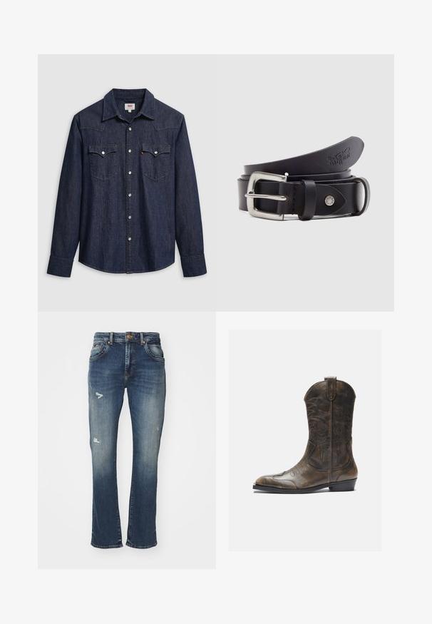 Donkerblauw denimhemd met een puntige kraag, drukknoopsluiting en borstzakken. Heeft stikseldetail en lange mouwen.; Bootcut jeans van donkerblauwe denim, met een vervaagde afwerking, slijtage aan de voorkant, een vijf-pocket ontwerp en een tailleband met knoopsluiting.; Bruine leren cowboylaars met een hoge schacht, spitse neus, ingewikkelde stikpatronen en een kleine hak. Gevarieerde afwerking overal.; Zwarte leren riem met een zilveren metalen gesp, een drukknop voor aanpassing en reliëfdetails op het leer. Overal een gladde textuur.