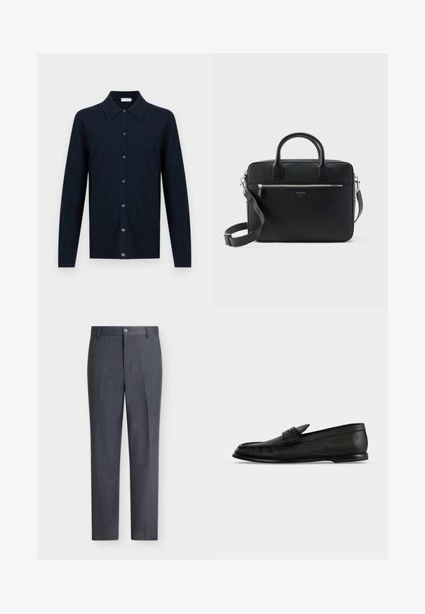 Cardigan bleu marine à manches longues avec col pointu et fermeture à boutons sur le devant, présenté sur un fond blanc.; Pantalon habillé sur mesure gris foncé avec fermeture par bouton et zip, passants de ceinture et coupe droite sur fond blanc.; Mocassin en cuir noir avec un petit talon et un détail de bride sur le dessus, montré de profil sur un fond clair.; Serviette rectangulaire en cuir noir texturé avec double poignée, poche avant zippée et bandoulière réglable présentée sur fond blanc.