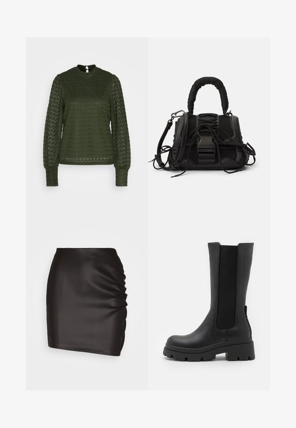 ONLY ONLNICE HIGHNECK - Pluus - duffel bag; Must hõbedast mini-seelik, mis on valmistatud siledast sünteetilisest materjalist, ruched detailidega ühel küljel ja sobiva siluettiga.; ONLY SHOES ONLDOJA - Platvormsaapad - black; Must musta, millel on võrkkonstruktsioon, kootud käepide ja dekoratiivne nööpimine. Zalong sisaldab eemaldatavat rihma ja kontrastseid metallosi.