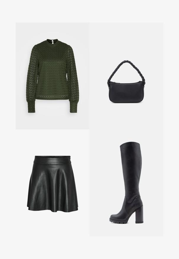 ONLY ONLNICE HIGHNECK - Blouse - duffel bag; Zwarte rok van imitatieleer met een uitlopende A-lijnvorm, voorzien van een gladde, glanzende textuur en een aangesloten tailleband.; Zwarte kniehoge laars, van glad leer, met een chunky hak, ronde neus, textuur op de zool voor grip, strak ontwerp zonder versieringen.; Zwarte handtas met een ronde vorm, gemaakt van glad materiaal. Heeft een gevlochten handvat en een ritsluiting voor veilige opslag.