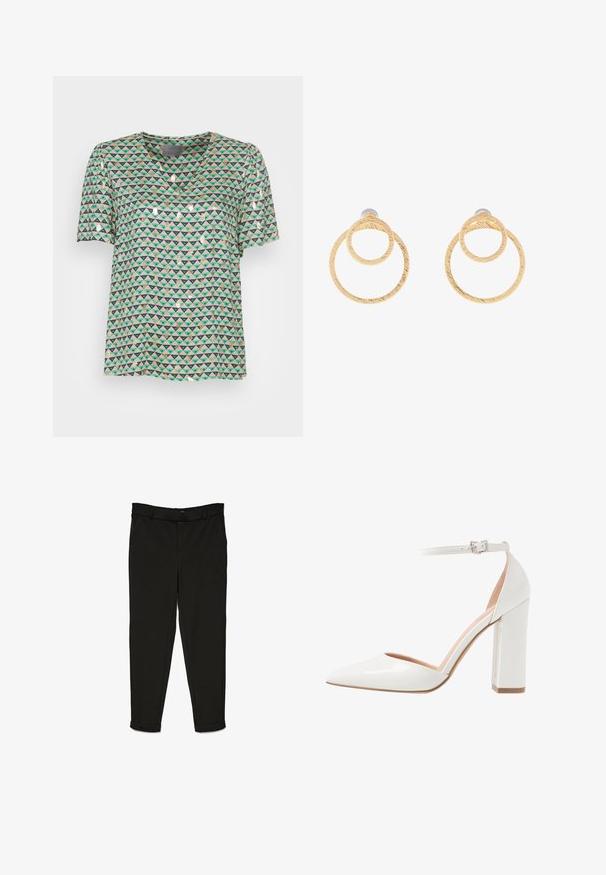 Short-sleeve, V-neck blouse in light fabric featuring a geometric triangle pattern in green, beige, and navy, with metallic accents.; Black trousers made of woven fabric, featuring a straight-cut design, flat front, and cuffs at the ankles for a streamlined look.; White patent leather high heel shoe with an open side, pointed toe, ankle strap with buckle, and a chunky block heel.; Gold-tone hoop earrings featuring two interlinked circles with a textured finish. Designed with a smooth, secure backing.