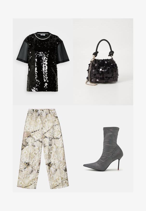 Haut noir à manches courtes avec de grands sequins sur le corps, manches en mesh noir lisse et encolure ronde avec un bord contrastant.; Pantalons larges en tissu texturé avec un motif damassé doré et noir sur fond blanc, dotés d'une taille haute.; Pinko WAGNER TRONCHETTO - Bottines à talons hauts - nero/iridescente; Mini sac à main en sequins noirs avec une bandoulière texturée nouée et une chaîne argentée. Forme arrondie avec un haut froncé et des détails réfléchissants.