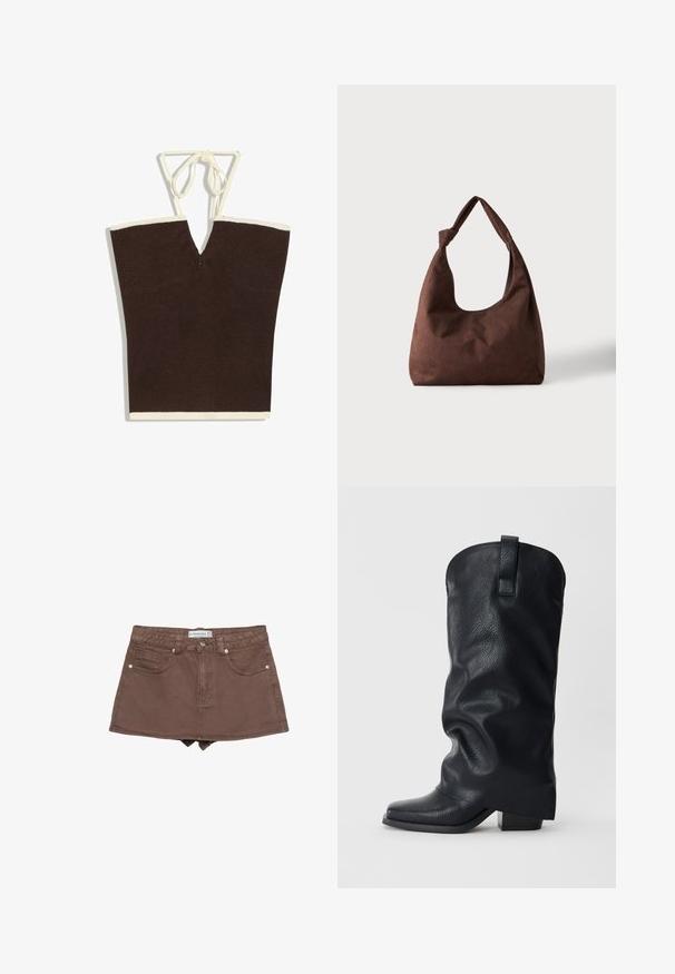 Haut sans manches en maille marron foncé avec bordure crème et fines bretelles halter crème nouées en nœud.; Jupe en denim marron mini avec une taille ajustée, un design à cinq poches, une fermeture à bouton à l'avant et une longueur juste au-dessus de la cuisse.; Botte de cowboy haute en cuir noir avec un petit talon carré et une languette d'enfilage sur un fond clair uni.; Sac à main en tissu marron texturé avec une seule anse nouée, présenté sur un fond clair uni.