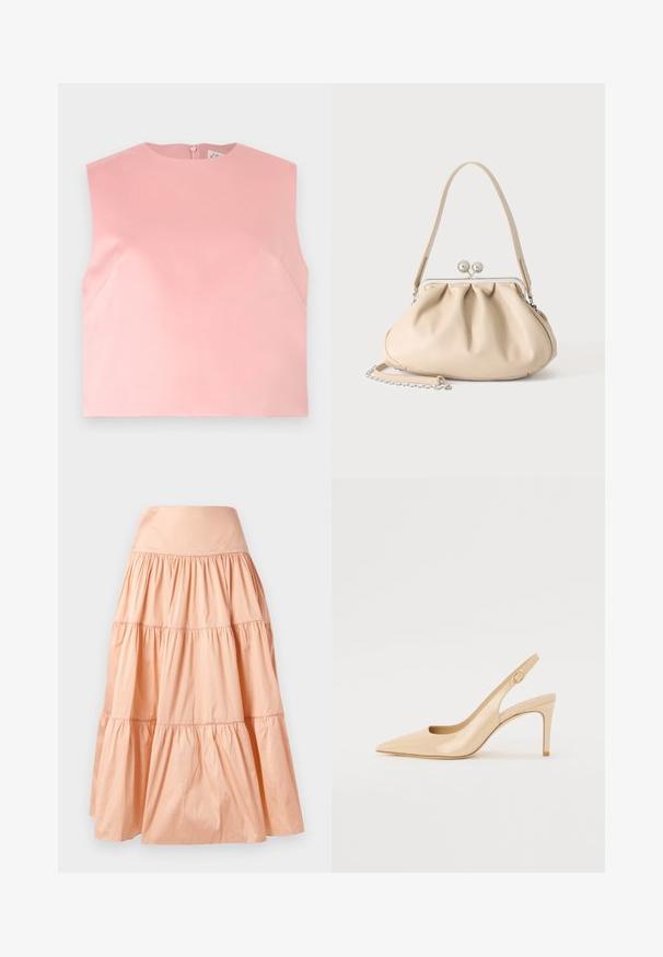 Dames top zonder mouwen in effen pastelroze met een ronde halslijn en een ritssluiting aan de achterkant, plat neergelegd op een witte achtergrond.; Perzikkleurige, gelaagde rok gemaakt van lichtgewicht materiaal. Heeft een brede tailleband en een zachte, gerimpelde textuur door het hele kledingstuk.; Nude gepatineerd leren slingbackhak met een spitse neus, open vamp en een dunne stilettohak. Bevat een ronde gouden accent op de band.; Beige zachte leren handtas met een zilveren metalen frame sluiting, een enkele schouderriem en een optionele kettingriem op een witte achtergrond.