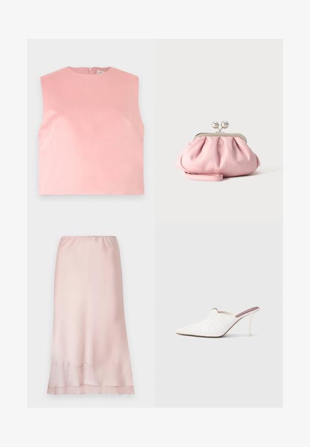 Ærmeløs dame top i ensfarvet pastelrosa med rund halsudskæring og lynlås bagpå, vist fladt på hvid baggrund.; Lyserød satin midi-nederdel med elastisk talje og lagdelt kantdetalje, præsenteret på en ensfarvet hvid baggrund.; Hvide mule sko med spids snude, plisseret tekstur på overdelen og en slank stilet hæl. Glat overflade og minimalistisk design.; Lille blød lyserød clutchpung med sølvfarvet metalramme og rund lås, hvilende på en flad lys overflade med håndledsrem foldet foran.