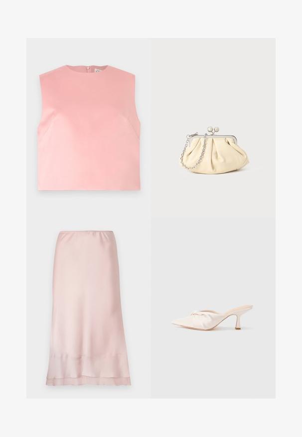 Top sans manches pour femmes en rose pastel uni avec un col rond et une fermeture éclair au dos, présenté à plat sur fond blanc.; Jupe midi en satin rose clair avec taille élastique et détail de ourlet superposé, présentée sur un fond blanc uni.; Chaussure mule en tissu beige clair avec un design noué à l'avant, bout pointu et talon fin et effilé. Texture lisse dans l'ensemble.; Pochette en cuir beige plissé avec un cadre en métal argenté, dotée de deux fermoirs ronds décoratifs et d'une chaîne en argent.