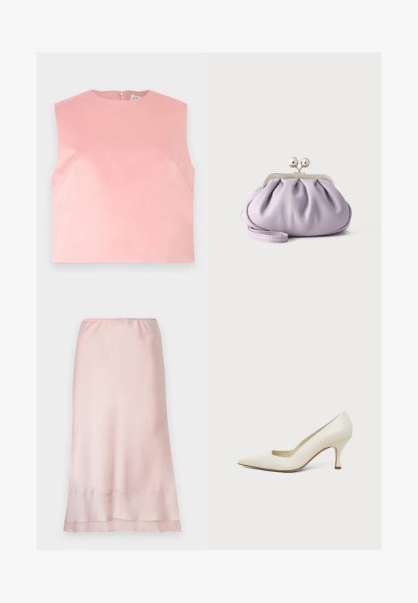 Top sans manches pour femmes en rose pastel uni avec un col rond et une fermeture éclair au dos, présenté à plat sur fond blanc.; Jupe midi en satin rose clair avec taille élastique et détail de ourlet superposé, présentée sur un fond blanc uni.; Chaussure à talon haut en cuir couleur crème, à bout pointu et talon fin de hauteur moyenne, sur un fond clair uni.; Pochette lavande douce avec tissu froncé, fermoir kiss-lock argenté et bracelet assorti sur un fond clair uni.