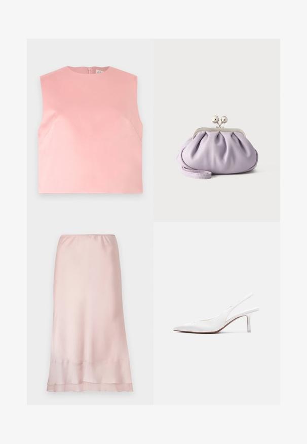 Top sans manches pour femmes en rose pastel uni avec un col rond et une fermeture éclair au dos, présenté à plat sur fond blanc.; Jupe midi en satin rose clair avec taille élastique et détail de ourlet superposé, présentée sur un fond blanc uni.; Chaussure pour femme en cuir blanc avec bride arrière, bout pointu, petit talon kitten bas et petit nœud décoratif sur le dessus, vue de profil latéral.; Pochette lavande douce avec tissu froncé, fermoir kiss-lock argenté et bracelet assorti sur un fond clair uni.