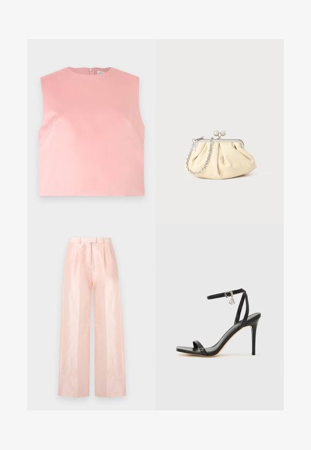 Ærmeløs dame top i ensfarvet pastelrosa med rund halsudskæring og lynlås bagpå, vist fladt på hvid baggrund.; Lys pink højtaljede wide-leg bukser med en glat, blank tekstur, med folder fortil og et matchende bælte.; Sort hæl-sandal med smal ankrem, firkantet tå-boks, glat lædermateriale og metalspænde som pynt.; Plisseret beige læderclutch med en sølvmetalramme, der har to runde dekorative låse og en sølvkædetrasporte.