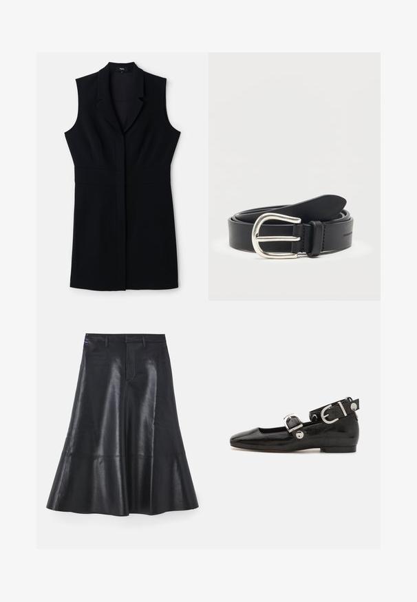 Vestido blazzer negro sin mangas con un corte entallado, que cuenta con un cuello con muescas y un cierre frontal único. Tejido suave y diseño minimalista.; Falda de piel negra con un diseño acampanado, de longitud media, que presenta una textura suave y detalles de costura discretos a lo largo del dobladillo.; Zapato plano de charol negro con punta cuadrada, correa de tobillo con herrajes de plata y suela plana. Textura suave con diseño minimalista.; Cinturón de cuero negro enrollado con hebilla metálica redondeada plateada sobre un fondo blanco liso.