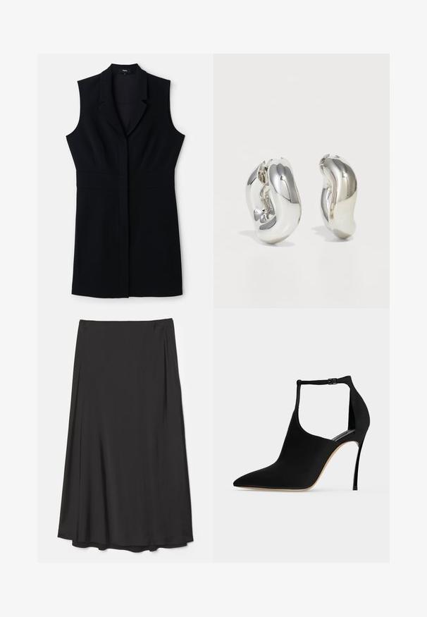 Robe blazer sans manches noire avec une coupe ajustée, dotée d'un col cranté et d'une fermeture frontale unique. Tissu lisse et design minimaliste.; Jupe noire, longueur genou en tissu lisse ; présente un design fluide avec des drapés souples et sans fermetures visibles.; Chaussure à talon haut noire à bout pointu, talon aiguille fin et bride de cheville avec boucle sur fond clair.; Boucles d'oreilles sculpturales en argent avec des formes douces et courbes et des surfaces réfléchissantes. Présentent un design de boucle fermée et une forme organique distincte.