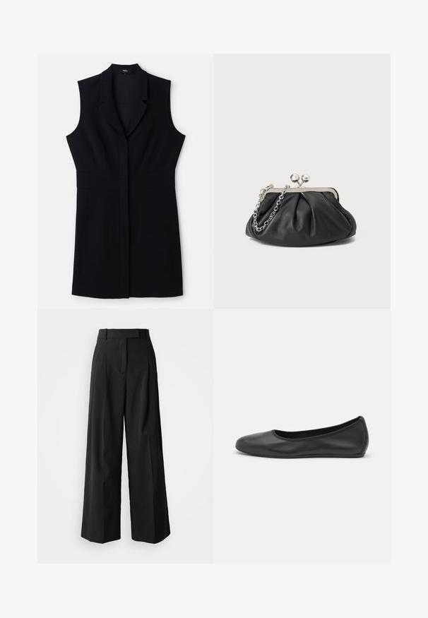 Vestido blazzer negro sin mangas con un corte entallado, que cuenta con un cuello con muescas y un cierre frontal único. Tejido suave y diseño minimalista.; Pantalones de pierna ancha negros, hechos de una tela suave con una cintura alta, que cuentan con dos pliegues frontales y un diseño ajustado.; Bailarina de piel negra con punta redondeada, textura suave, detalle de costura minimalista y diseño de suela flexible.; Clutch de cuero negro con textura arrugada, marco de metal en tono plateado, cierre de beso y cadena para colgar. Superficie suave y lisa.