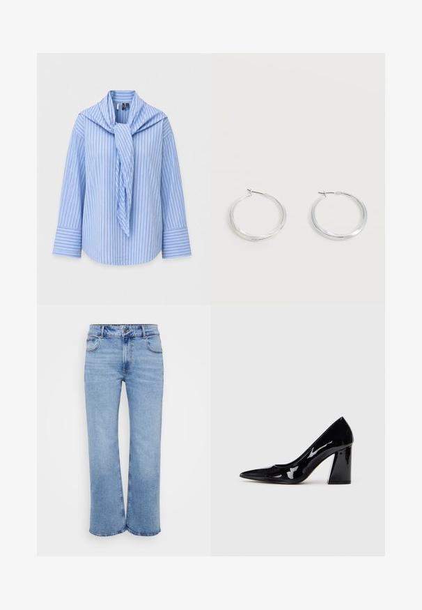 Lichtblauw blouse met lange mouwen, dunne verticale strepen, brede manchetten en een bijpassende gestreepte sjaal gedrapeerd rond de kraag.; Lichtblauwe wijde jeans gemaakt van denim, met vijf zakken, een rits aan de voorkant en een knoopsluiting. Subtiele stikdetails langs de naden.; Zwart gelakt leren hoge hak schoen met een spitse neus en een chunky hak, met een gladde, glanzende textuur en een slank ontwerp.; Zilverkleurige metalen creolen oorbellen met een glad, licht gebogen oppervlak en sluitingen met haaksluiting op een effen witte achtergrond.