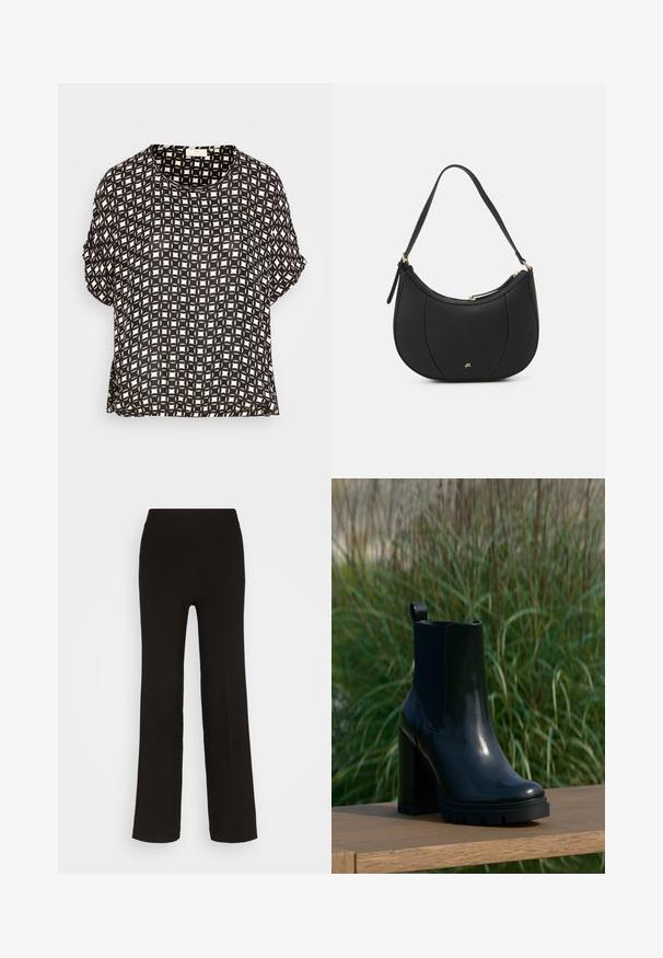 Kaffe ELLEN AMBER BLOUSE - Blúzka - black/chalk graphic; Čierne, široké nohavice vyrobené z hladkého materiálu s priliehavým vysokým pásom a bez viditeľného kovania alebo vzorov.; Čierne lesklé kožené členkové čižmy s robustným vysokým podpätkom a úchytom, vystavené na drevenom povrchu s pozadím z vysokých zelených trávy.; Čierna kožená kabelka s zakriveným tvarom, štruktúrovaným povrchom, prednými švami a zlatým logom. Obsahuje jeden nastaviteľný popruh.