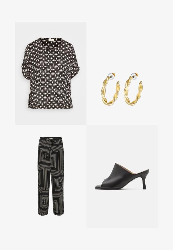 Kaffe ELLEN AMBER BLOUSE - Blusa - black/chalk graphic; Pantalones negros con un patrón geométrico de líneas y cuadrados blancos, diseñados con una cintura ajustable y un corte de pierna ancha.; Selected ASHLEY - Mules de tacón - black; Pendientes de aro retorcidos en oro con una superficie lisa, que cuentan con un respaldo transparente y herrajes en tono dorado.