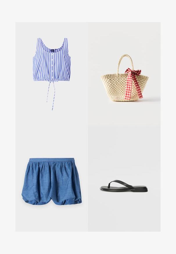 Blåt og hvidt stribet crop top med rund halsudskæring, knap-front, elastisk kant og en bund med knude-detalje. Fremstillet af letvægtsstof.; Blå, letvægts shorts med en samlet elastisk talje og et blødt, tekstureret design. Har en blød stoffinish med en afslappet pasform.; Sorte flip-flops lavet af glat læder, med et tyndt remdesign og en flad sål med et minimalt profil. Ingen bemærkelsesværdige mønstre eller accenter.; Flettet stråtaske med fletninger til håndtagene og et rødt og hvidternet bånd bundet som en sløjfe på den ene side.