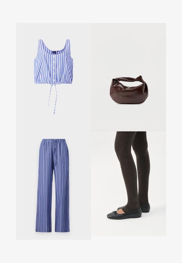 Gestreiftes Crop-Top in Blau und Weiß mit rundem Ausschnitt, Knopfleiste, elastischem Saum und gebundenem Detail am unteren Rand. Hergestellt aus leichtem Stoff.; Blaue und weiße gestreifte weite Hosen mit elastischem Bund, aus leichtem Material, mit einem lockeren Schnitt und glatter Textur.; Beine in dunklen, gerippten Leggings kombiniert mit schwarzen Ballerinas mit kleinen Schleifendetails auf weißem Hintergrund.; Dunkelbraune Lederschultertasche mit weicher, lockerer Form und einem gedrehten Knotengriff vor schlichtem weißem Hintergrund.
