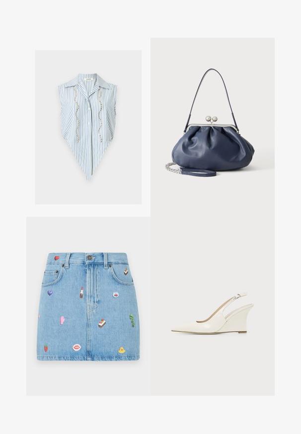Mouwloze blauw-wit verticale gestreepte blouse met puntige zoom, kraag, knopen voor en twee verticale rijen zilveren kralen.; Leren mini-jurk, lichtblauw, met vijf zakken, versierd met verschillende kleurrijke patches, waaronder harten, lippen en desserts, aan de voorkant.; Witte lakleren slingback sleehakschoen met puntige neus en verstelbare gesp op effen achtergrond.; Zachte navyblauwe leren handtas met zilveren sluiting, enkele schouderband en afneembare ketting polsband op witte achtergrond.