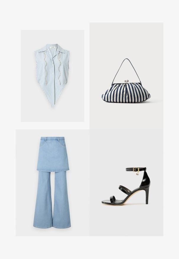 Mouwloze blauw-wit verticale gestreepte blouse met puntige zoom, kraag, knopen voor en twee verticale rijen zilveren kralen.; Denim rok-broek hybride, met lichtblauwe stof, uitlopende pijpen en zichtbare stikdetails. Ontworpen met voorzakken en een tailleband.; Zwarte gepatineerde leren sandaal met drie banden, enkelgesp en 10 cm hoge stiletto hak. Bevat gouden hardwaredetails en een logo charm.; Marineblauwe en witte verticale gestreepte stoffen handtas met zilveren gesp en dunne schouderband op een lichte achtergrond.
