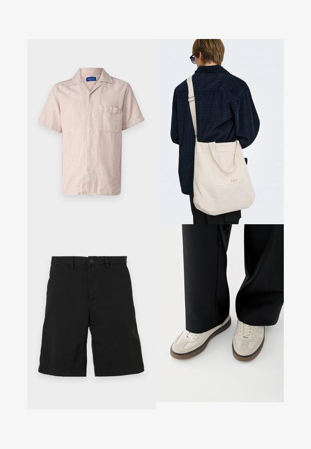 Jack & Jones Resort Relaxed Fit - Chemise - brown; Shorts noirs en coton avec un design à l'avant plat, dotés d'une fermeture à bouton et de poches latérales, sans motifs ni accents visibles.; Pieds portant des baskets beige avec des semelles marron et un pantalon noir à jambes larges sur fond blanc.; Personne aux cheveux courts portant une chemise à carreaux foncée et des lunettes de soleil porte un grand sac fourre-tout en toile écrue avec bandoulière et poche avant.