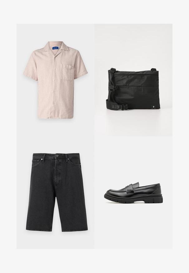 Jack & Jones Resort Relaxed Fit - Skjorter - brown; Sorte denimshorts med lige snit, standard fem-lommer design, knaplukning og en tekstureret stoffinish.; Sort læder loafersko med en bred rem over forfoden, gummisål med tykke mønstre og glat overflade. Klassisk, slankt design.; Sort nylon messenger-taske med justerbar rem, fladt design og et sideetiket med et logo. Glat tekstur og minimalistisk stil.