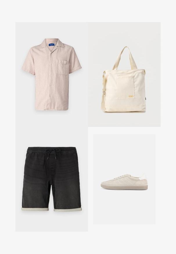 Jack & Jones Resort Relaxed Fit - Pluus - brown; Mustad denim lühikesed püksid elastse vöökoha ja nöörihemaga. Omab rullitudäärte ja peeneid tekstuurimuutusi kogu ulatuses.; Beežist seemisnahast toss, millel on tekstureeritud ülaosa, sile valge kannaosa, õhukesed paelad ja kummist tallamaterjal. Iseloomustab madala profiiliga disain.; Kreemjas lõuendist käekott esiosa taskuga, kahe käepidemega, reguleeritava õlarihmaga ja väikese kollase "O.N.S" tekstiga tasku all paremal.