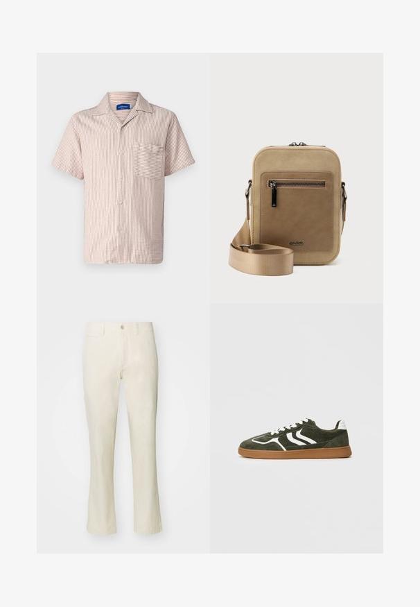 Jack & Jones Resort Relaxed Fit - Chemise - brown; Pantalon en coton beige avec une coupe droite, doté d'une fermeture à bouton et d'une poche latérale. Texture lisse et style simple.; Baskets en suède vert avec des rayures blanches, des lacets blancs, un talon rembourré blanc et une semelle en caoutchouc naturel, présentées de profil sur un fond uni.; Petit sac bandoulière beige avec poche avant zippée, logo métallique ALDO, sangle large ajustable et forme rectangulaire arrondie sur fond blanc.