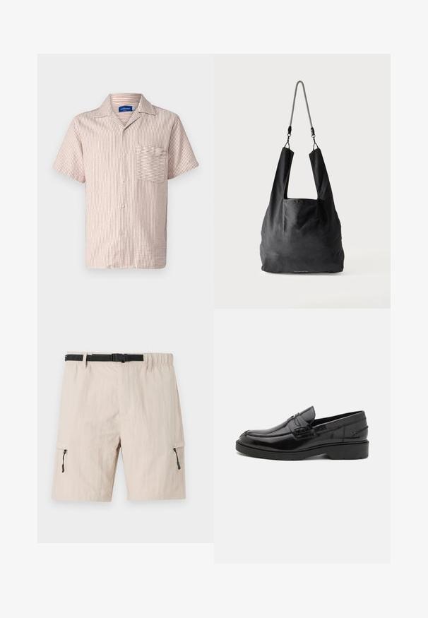 Jack & Jones Resort Relaxed Fit - Camisa - brown; Bermudas cargo beige con cinturilla elástica, cinturón negro ajustable y bolsillos laterales con cremallera. Hechas de una tela ligera con una textura sutil.; Mocasines de cuero negro con un acabado suave, punta redondeada, tacón bajo y costura decorativa en la parte delantera. Suela de goma para mayor agarre.; Bolsa de mano de tela negra suave con asas anchas y una delgada correa de hombro trenzada en negro y blanco.