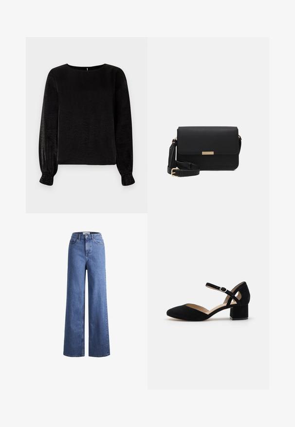 Schwarzes Langarmshirt mit Rundhalsausschnitt, aus weichem, leicht strukturiertem Stoff, mit gerafften Manschetten und einer Knopföffnung hinten.; Helleblaue Denim-Weite-Leg-Jeans mit hoher Taille, zwei vorderen Taschen und sichtbarer Naht. Mit Knopf- und Reißverschluss.; Schwarzer Wildleder-Pumps mit spitzem Kopf und breitem Blockabsatz. Verfügt über einen verstellbaren Knöchelriemen mit einer silbernen Schnalle.; Schwarze Leder-Crossbody-Tasche mit Klappenverschluss, goldenen Beschlägen, verstellbarem Tragegurt und strukturiertem Material. Kompakte, rechteckige Form.